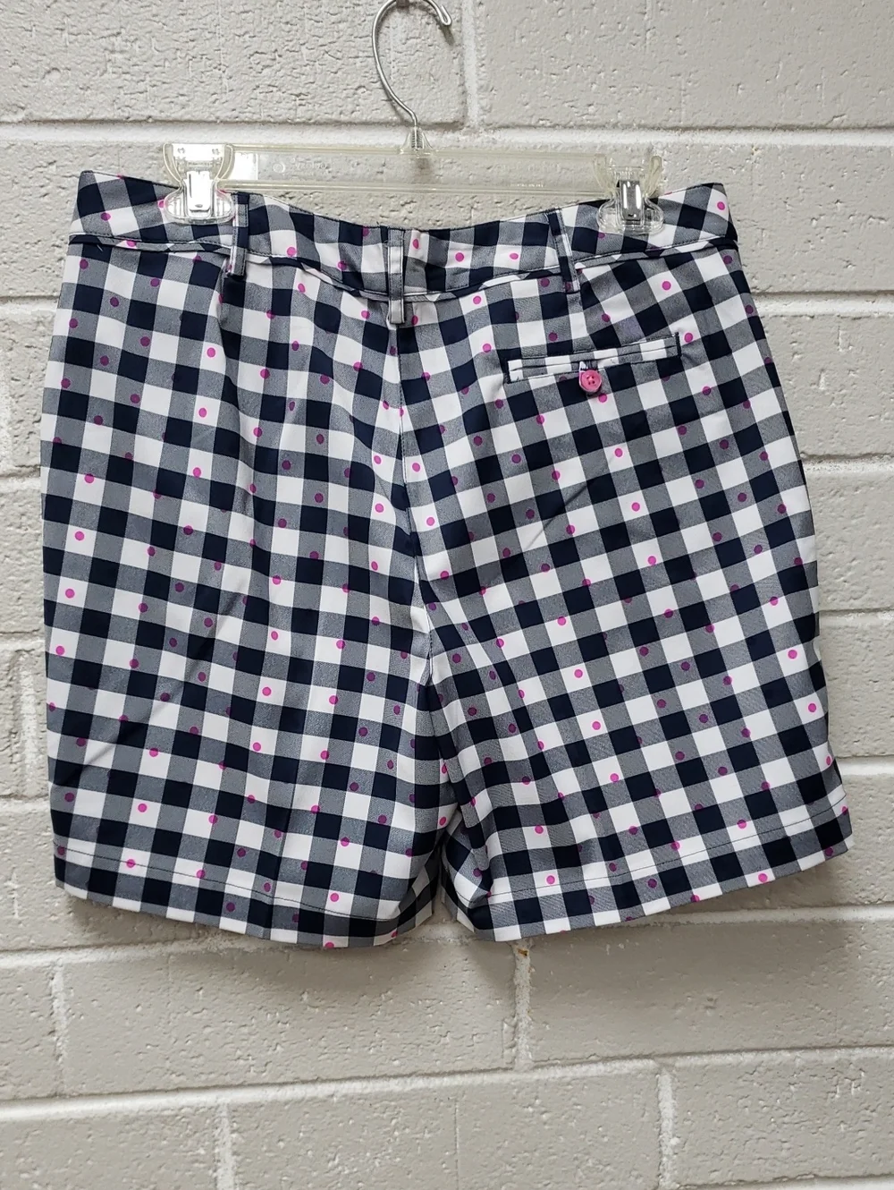 Navy & White Gingham Shorts with Pink Dot Accents